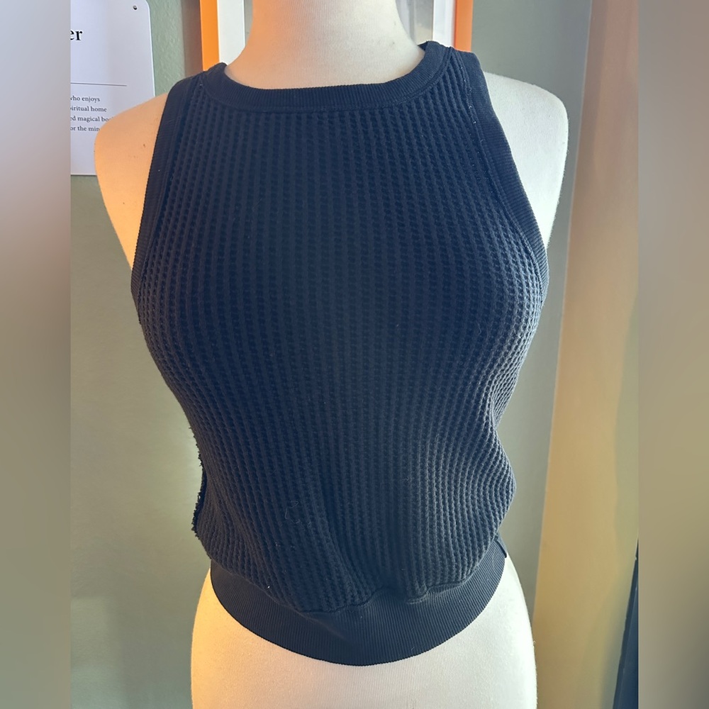 Free People Cropped Black Waffle Knit Tank - Size XS